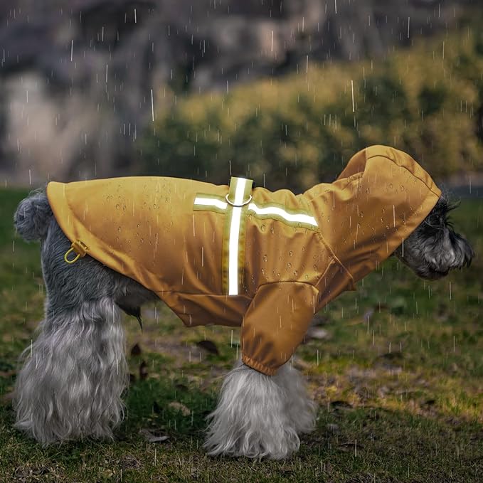 PUPTECK Dog Raincoat with Hood & Harness Built-in, Waterproof Dog Rain Jacket Slicker Poncho Reflective Vest Clothes for Rainy Snowy Winter Cold Days, Yellow M