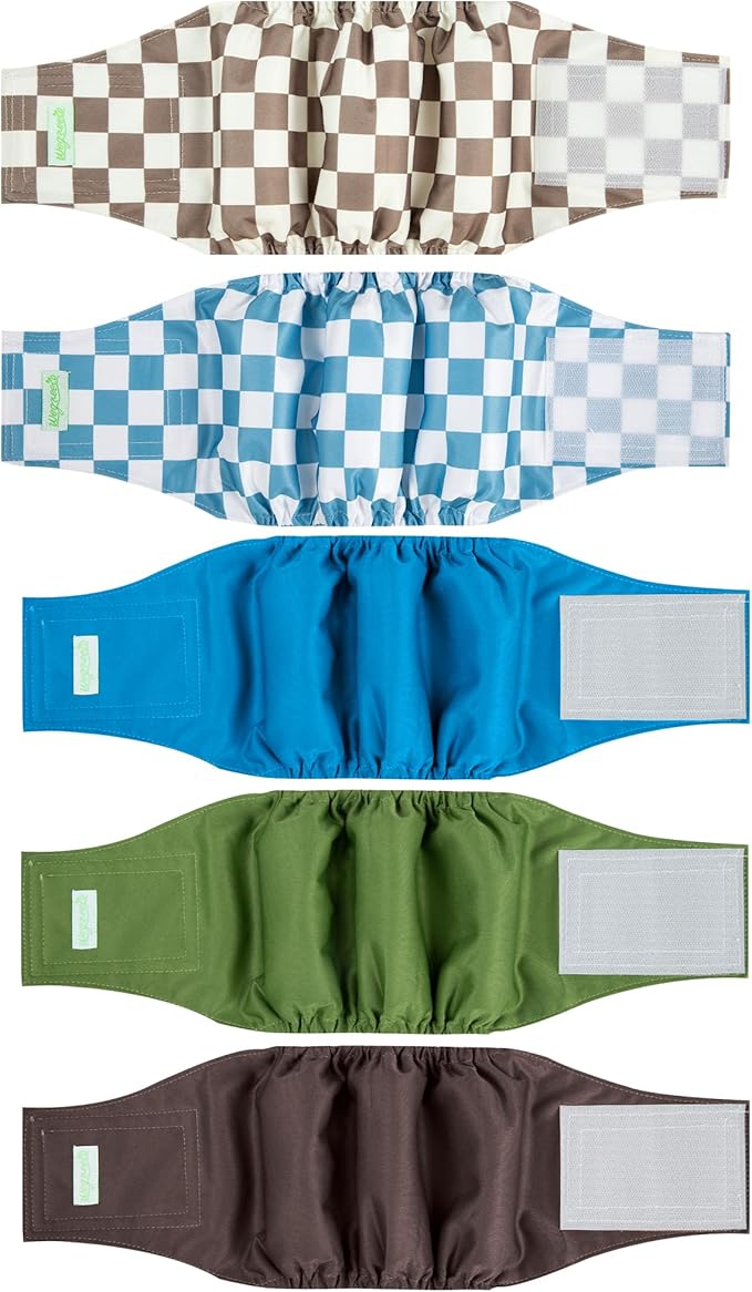 wegreeco Small Dog Diapers Male,Reusable Belly Bands for Male Dogs,Washable Doggie Puppy Male Diapers Wraps,Medium Large Size (5 Pack XX-Large, Blue Coffee Checkerboard)