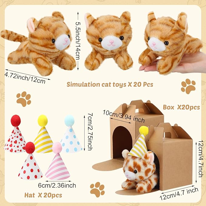 20 Set Cat Stuffed Animals Bulk with Birthday Hats Kraft Paper Boxes Mini Plush Toys Small Stuffed Kittens Adopt Pet Gift for Adoption Event Animal Theme Birthday Party (Lying Cat)