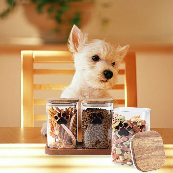Morezi Dog Treat Container airtight Treats jar for countertop Closet Dog Food Storage 3 Jars with Tray Great for organizing pet Dogs Cats Birds Animal Food Treats Snack Khaki Bar