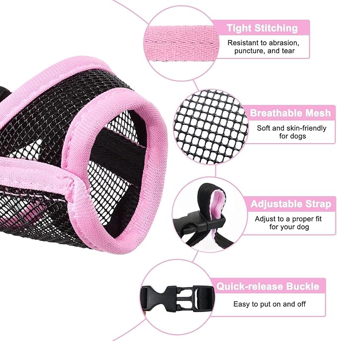 LUCKYPAW Dog Muzzle, Mesh Muzzle for Small Medium Dogs, Soft Mouth Cover to Prevent Biting Chewing, Drinkable Breathable Adjustable Puppy Mouth Guard(M, Pink)