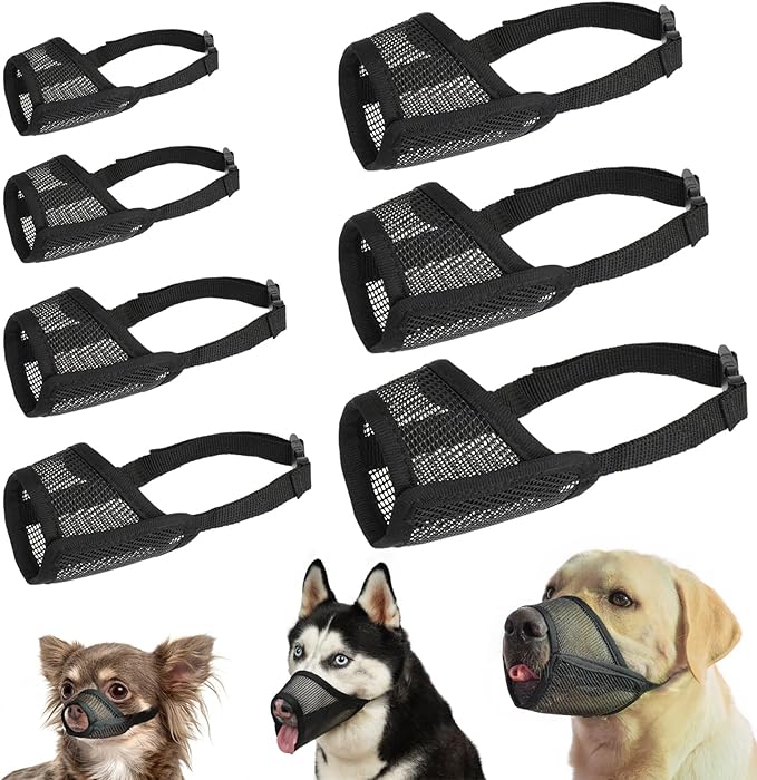 LUCKYPAW Dog Muzzle Suits for Small Medium Large Dogs, Mesh Muzzle Anti Biting Chewing, Breathable Mouth Cover Set with Adjustable Strap for Grooming Vet Visiting Training, 7 PCS(XXS-XXL), Black