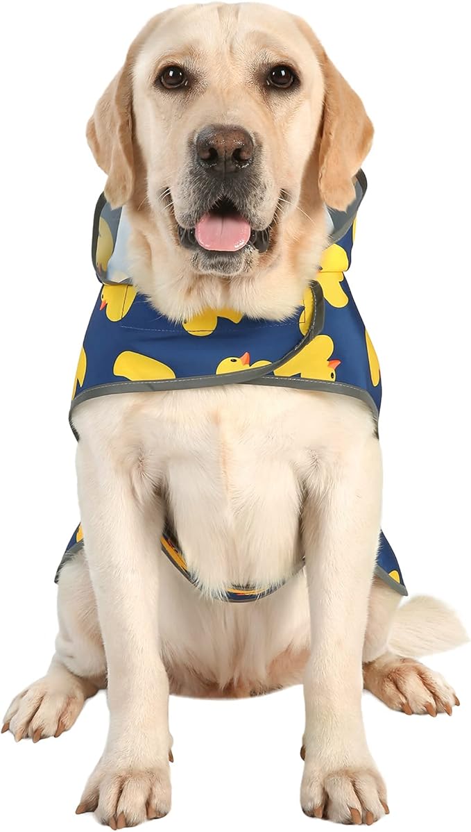 Dog Raincoat for Large Dogs Waterproof Jacket Hooded Rain Coats with Reflective Strips Leash Hole & Poncho Adjustable Fit (Duck,XL)