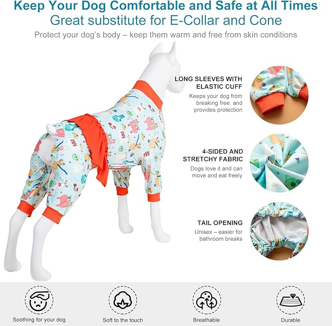 LovinPet Large Dog Pajamas for Female Dogs - UV Protection, Post Surgery Recovery Shirt, Lightweight Knit Stretchy Fabric, Aqua Alpaca Print, Undershirt for Dog Dresses, Orange XXL