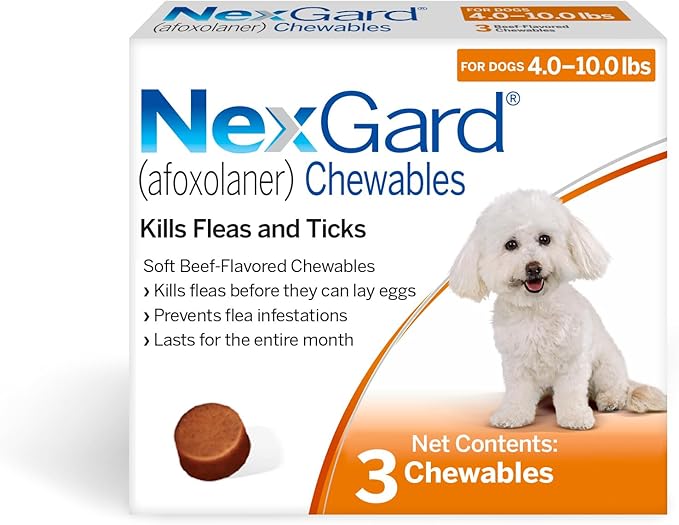 NexGard® (afoxolaner) Flea and Tick Protection for Dogs Oral Soft Beef Flavored Chewables, 4 to 10 lbs. (Orange Box) 3 Chews (3 Month Supply)