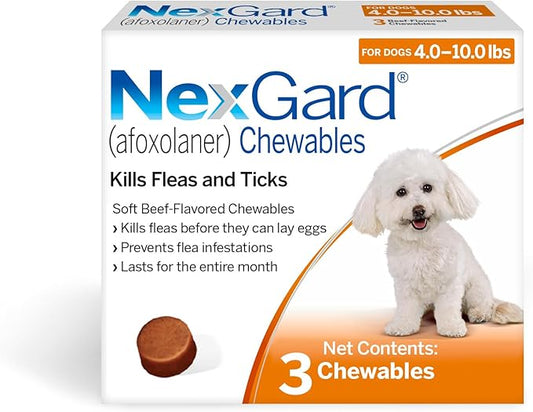NexGard® (afoxolaner) Flea and Tick Protection for Dogs Oral Soft Beef Flavored Chewables, 4 to 10 lbs. (Orange Box) 3 Chews (3 Month Supply)