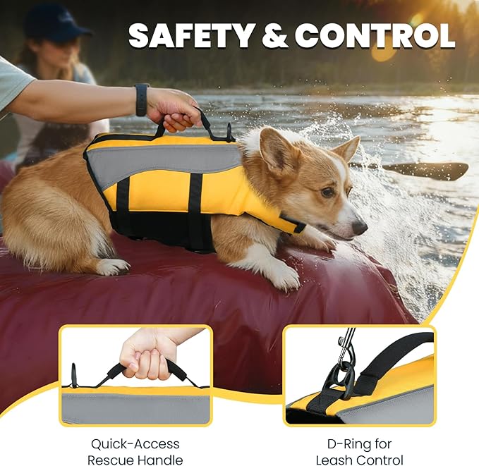 VIVAGLORY Front Float Dog Life Vest, Dog Life Jacket for Swimming & Boating, Swimming Vest with Chin Float & Handle, Ripstop & Buoyancy for Puppy Doggy, M, Yellow