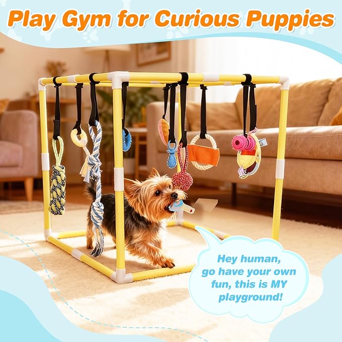 Puppy Play Gym with 17 Hanging Toys, Small Dogs Interactive Indoor Jungle Gym for Puppies, Dog Enrichment Activity Center, Adjustable PVC Frame with Straps, Teething & Squeaky Toys, Yellow
