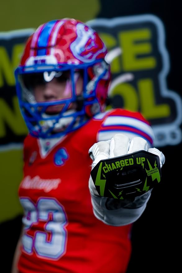 DAMAGE CONTROL Youth Football Mouth Guard – Breathable No Boil Mouthpiece, Protects Lips & Teeth, Works with Braces, Includes Helmet Strap – Sports Gear & Accessories (Charged Up)