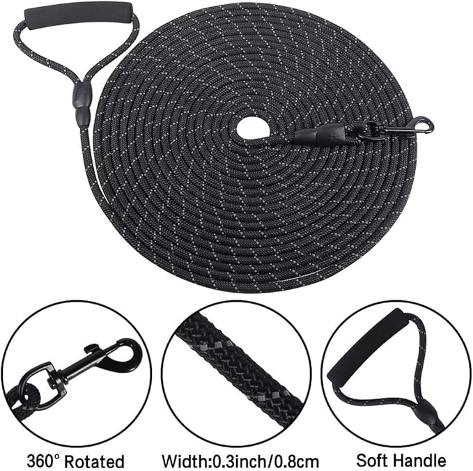 Vivifying Long Dog Leash, 20ft Reflective Dog Training Leash for Outside and Yard, Floating Long Line Lead with Soft Handle for Beach and Swimming (Black)
