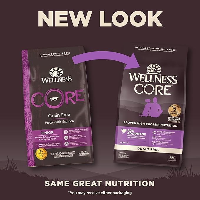 Wellness CORE Senior Dry Dog Food, Grain-Free, High Protein, Natural, Age Advantage Turkey & Chicken Recipe, (24-Pound Bag)