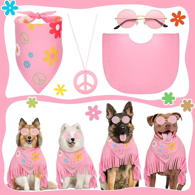 4 Pcs Hippie Dog Costume Pet Dog Hippie Costume Set Includes Sunglasses Scarf Cloak Necklace(Pink Style,Large)