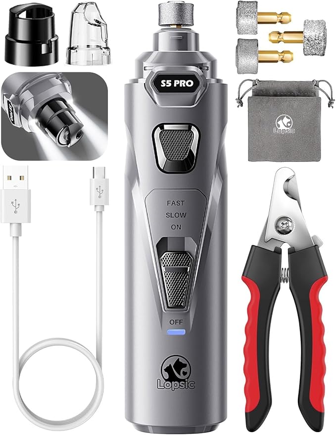 Whisper Quiet Dog Nail Grinder with LED Light, Safe & Stress-Free for Sensitive Dogs of All Breeds & Sizes, 3 Grinding Bits, 3-Speed, Pet Nail Trimmers, Rechargeable Painless Grooming Kit Grey