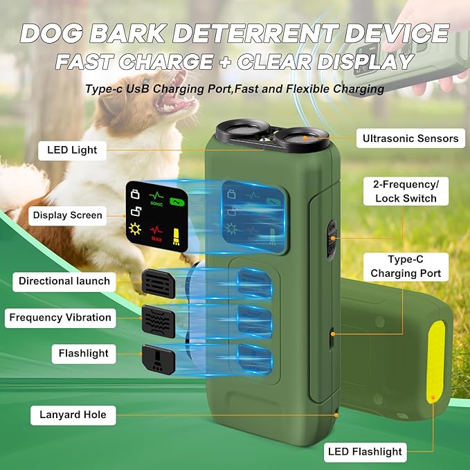 Ultrasonic Dog Bark Deterrent & Anti-Barking Training Device, 3 Modes to Stop Dog Barking, Handheld Tool, Safe, Rechargeable, Compact and Portable, Suitable for Indoor/Outdoor Use(Green)