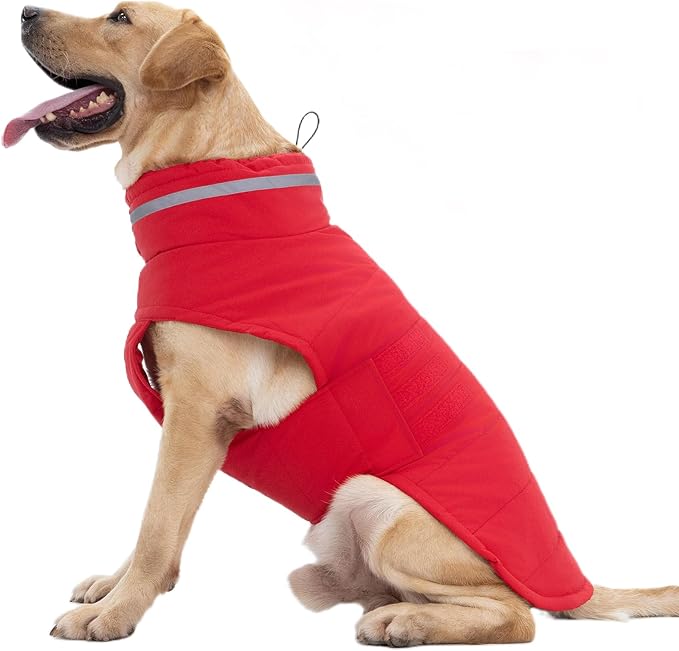 Mklhgty Waterproof Dog Coat for Medium Dogs, Warm Dog Winter Jacket, Reflective Windproof Turtleneck Dog Cold Weather Coats with Adjustable Hook & Loop - Red - M