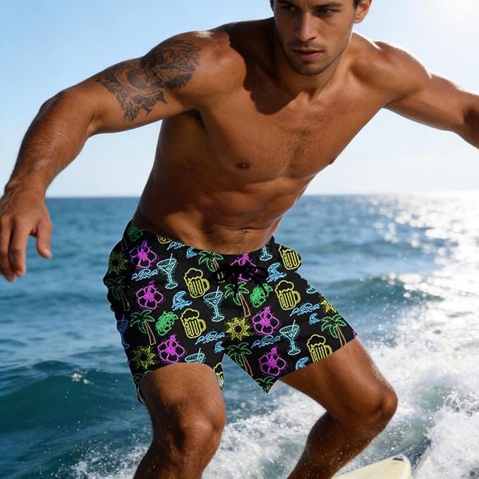 Mens Swim Trunks with Compression Liner Quick Dry Zipper Pocket Bathing