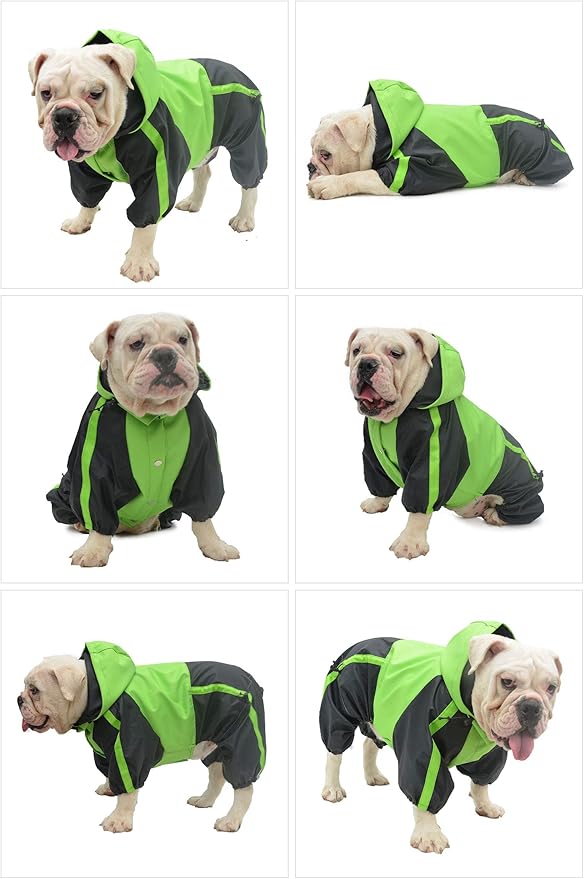 Lovelonglong American Bully Pitbull Dog Hooded Raincoat, Bulldog Rain Jacket Poncho Waterproof Clothes with Hood Breathable 4 Feet Four Legs Rain Coats for Pugs English French Bulldog Green B-S