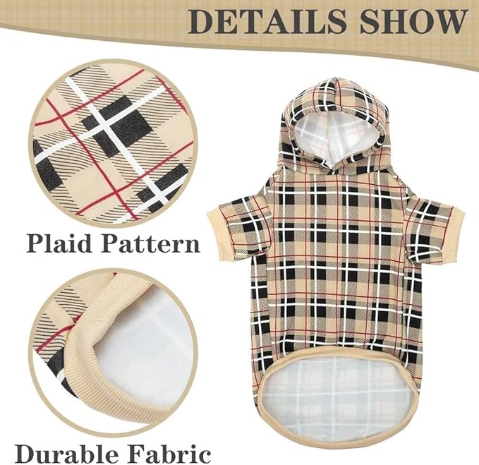 EXPAWLORER Plaid Dog Hoodie - British Style Warm Dog Sweater Shirt with Leash Hole,Pitbull Clothes Outfits,Winter Coat Apparel for All Breeds Puppy Girl Boy-Cat Apparel,Beige S-Medium