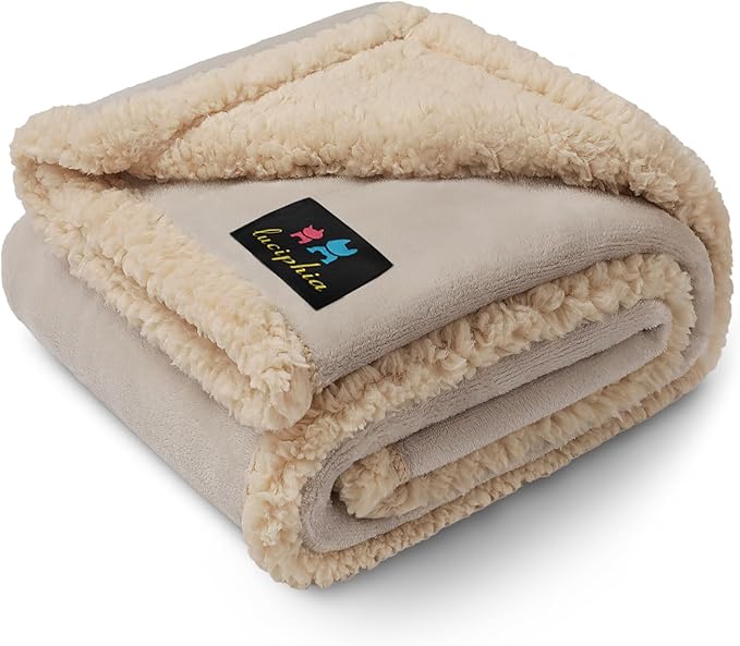 Waterproof Pet Blanket, Liquid Pee Proof Dog Blanket for Sofa Bed Couch, Reversible Sherpa Fleece Furniture Protector Cover for Small Medium Large Dogs Cats, Grey Beige Small（40" x 28"）