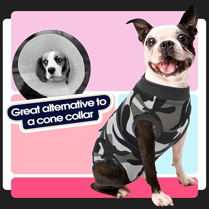 FUAMEY Dog Recovery Suit Male,Dogs Surgery Neuter Suits Puppy Spay Shirts for Female Protect Dog's Skin Anti Licking Abdominal Wounds Doggie Onesie Pet Bodysuit Alternative to Cone Grey Camouflage S