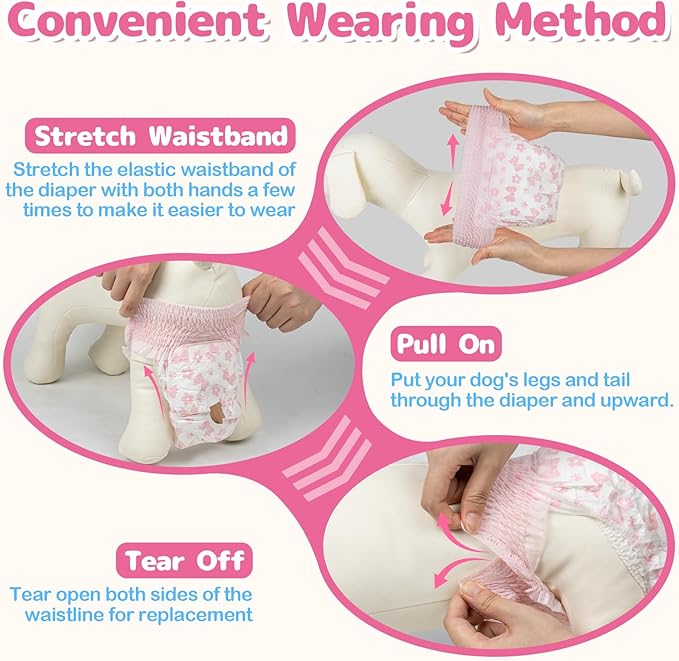 Dono Disposable Pull It Up Female Dog Diapers, 360° Stretchy Waist Puppy Diapers, Super-Absorbent Doggie Diapers with Rapid-Dry Technology Leak-Proof Design for Doggy in Heat Period, XS 60 Pcs