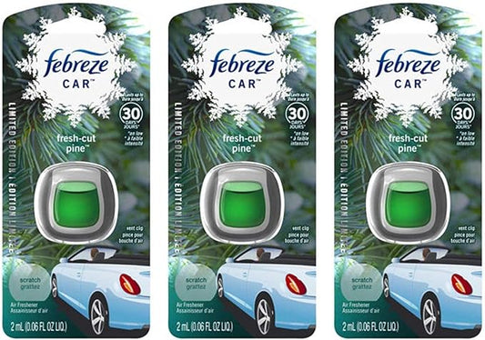 Febreze Car Vent Clip Air Freshener - Limited Edition Holiday Collection - Fresh-Cut Pine - 1 Count Vent Clip Per Package - Pack of 3 Packages Green