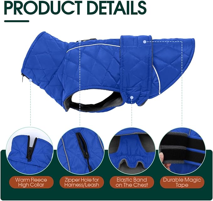 Kuoser Dog Coat, Super-Warm Dog Jacket Windproof Pet Cold Weather Coats for Extra Large Dogs, Fleece Lining Quilted Turtleneck Puppy Snowsuit Reflective Adjustable Doggie Winter Clothes, Blue, 3XL