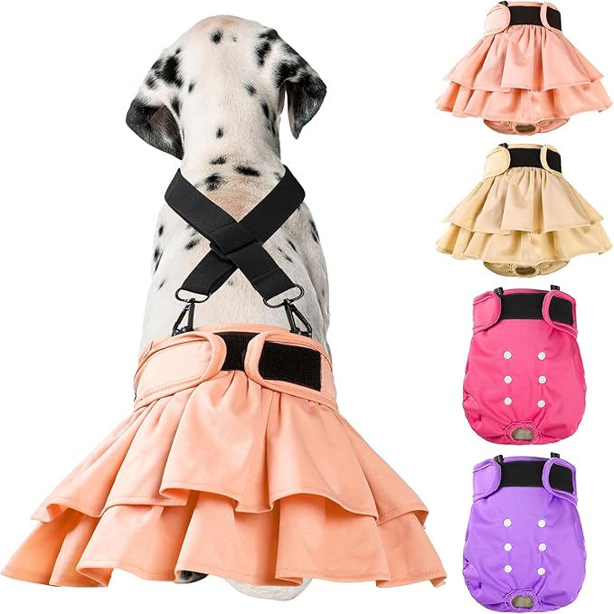 Washable Female Dog Diapers (4 Pack+1 Suspenders), Reusable Female Girl Doggy Doggie Puppy Wraps Panties Belly Band for Pet Heat Period Pooping Peeing Potty Training Incontinence Marking Leaf Small