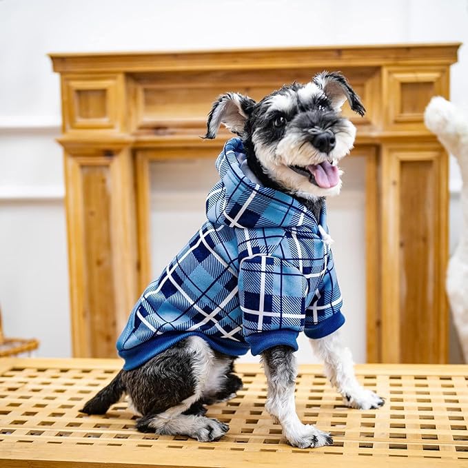 EXPAWLORER Plaid Dog Hoodie - British Style Warm Dog Sweater Shirt with Leash Hole,Pitbull Clothes Outfits,Winter Coat Apparel for All Breeds Puppy Girl Boy-Cat Apparel,Blue Medium