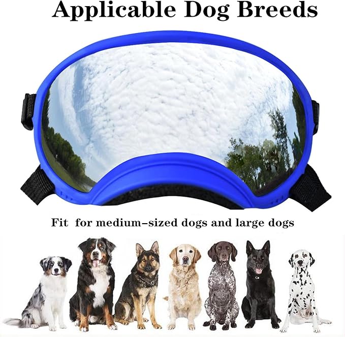 Soft Samll Dog Sunglasses Dog Goggles for Large Breed UV/Wind/Dust Protection Winproof Dog Puppy Sunglasses Pet Glasses Eye Wear with Adjustable Strap (Bule Frame & Silver Lens/Large)