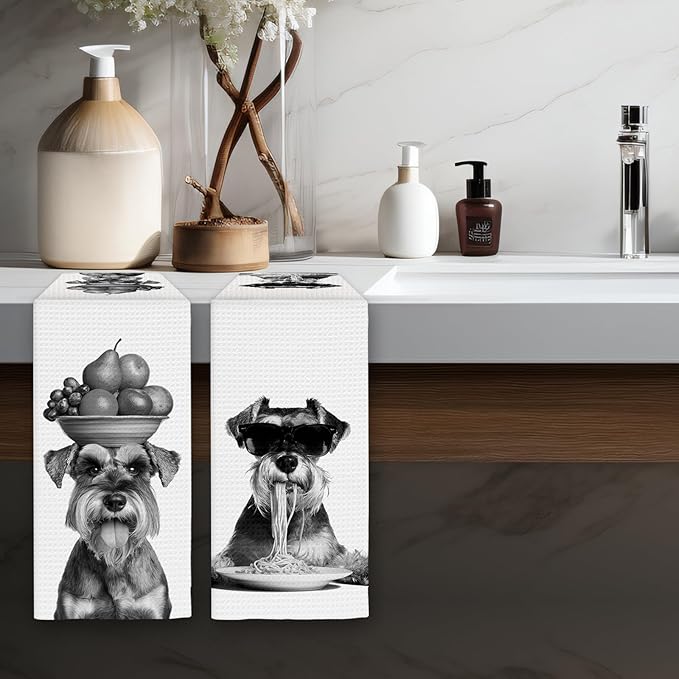 Schnauzer Gifts Funny Dog Kitchen Towels Set of 2, Dog Eating Pasta with Fruit Bowl Decorative Hand Dish Towel for Kitchen Home Bar, Gift for MiniatureSchnauzer DogLovers Home Decor(16x24Inch)