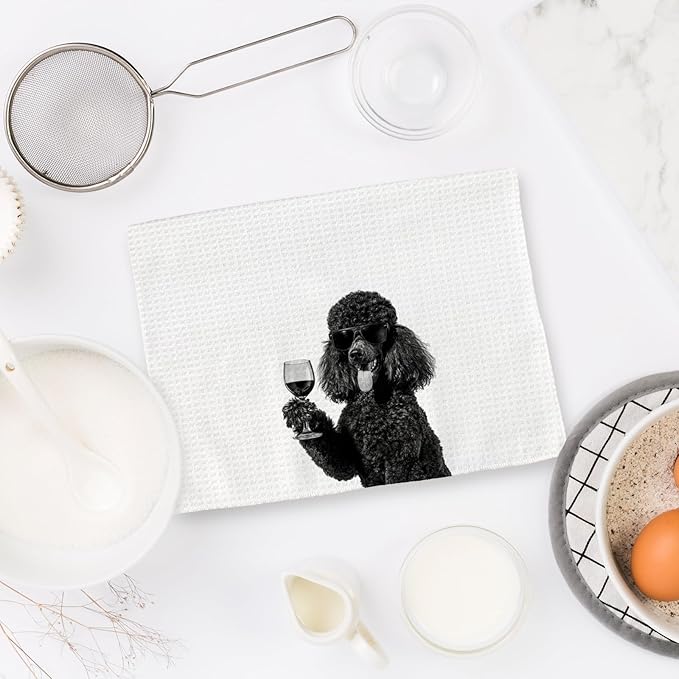 Black Poodle Gifts Wine Kitchen Towels Set of 2, Funny Black Poodle Dog Eating Pasta Decorative Hand Dish Towel for Kitchen Home Bar, Gift for PoodleDog Lovers Home Bar Decor(16x24Inch)