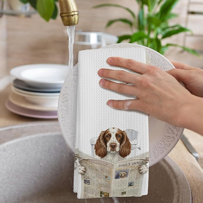Springer Spaniel Dog Gifts Bathroom Hand Towel,Funny English Springer Spaniel Dogs Reading Newspaper in Toilet Hand Towel for Bathroom Washroom Decor, Dog Lover Gifts Dish Towels, 16x24 Inch