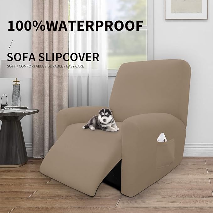 Easy-Going 4 Pieces 100% Dual Waterproof Recliner Cover Stretch Soft Couch Cover for Dogs, Sofa Slipcover for Recliner Couch Leakproof Furniture Protector for Kids, Pets Camel