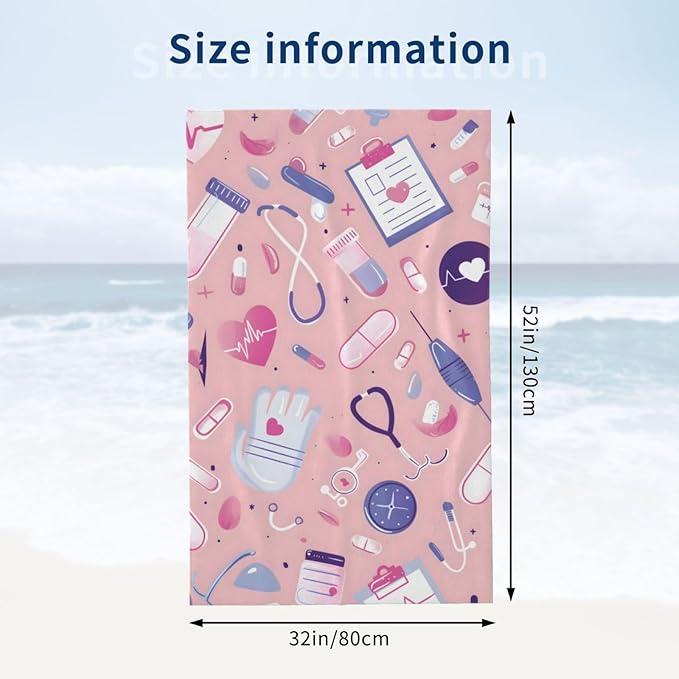 Nurse Pattern Beach Towel Pink Sand-Free Microfiber Bath Towel Ultra Soft Quick Dry Pool Towel Absorbent Towel Lightweight Towel Gifts for Outdoor Bathroom Swimming Decor 31inx51in