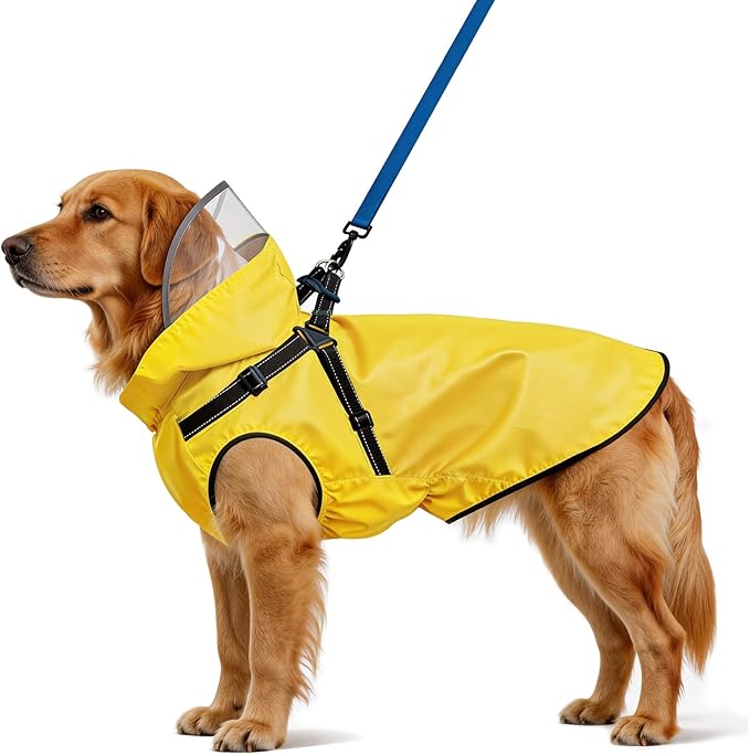 Dog Raincoat: Dog Rain Jacket with Reflective Harness & Removable Hood | Waterproof Dogs Rain Coat Poncho for Large Medium Small Dogs Puppies (Yellow - XL)