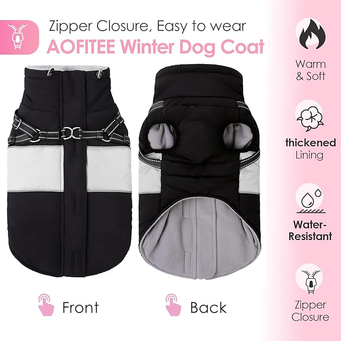 AOFITEE Dog Coats for Large Dogs, Dog Winter Coat, Dogs Coat with Harness Built in, Reflective Waterproof Pet Jacket with Furry Collar, Warm Fleece Pet Sweater for Doberman, Great Dane, Black XXXL