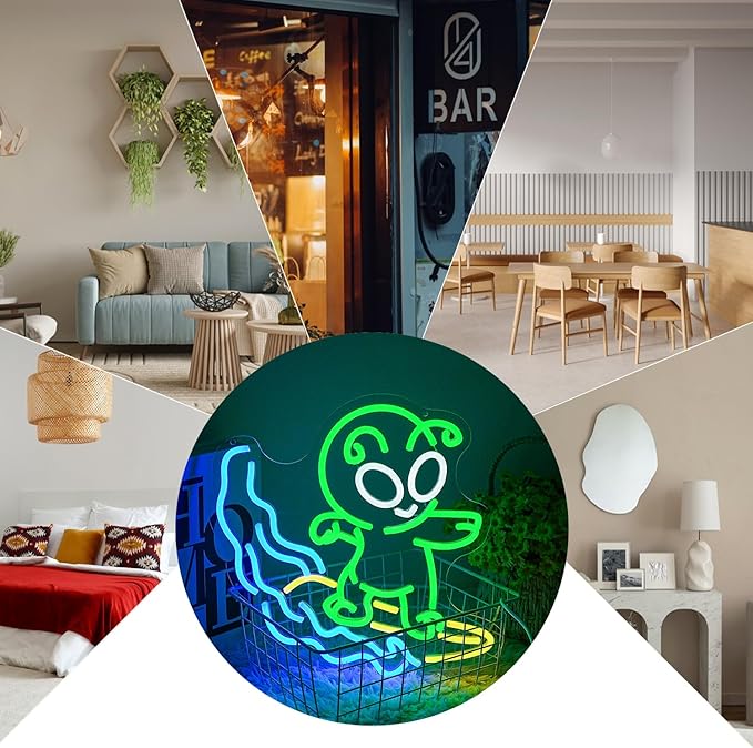 Alien Surfing Neon Sign for Wall Decor, Dimmable Green Alien Neon Light,USB Powered Alien Led Light Up Sign for Man Cave Bedroom Game Room Bar Pub Party Home Decor