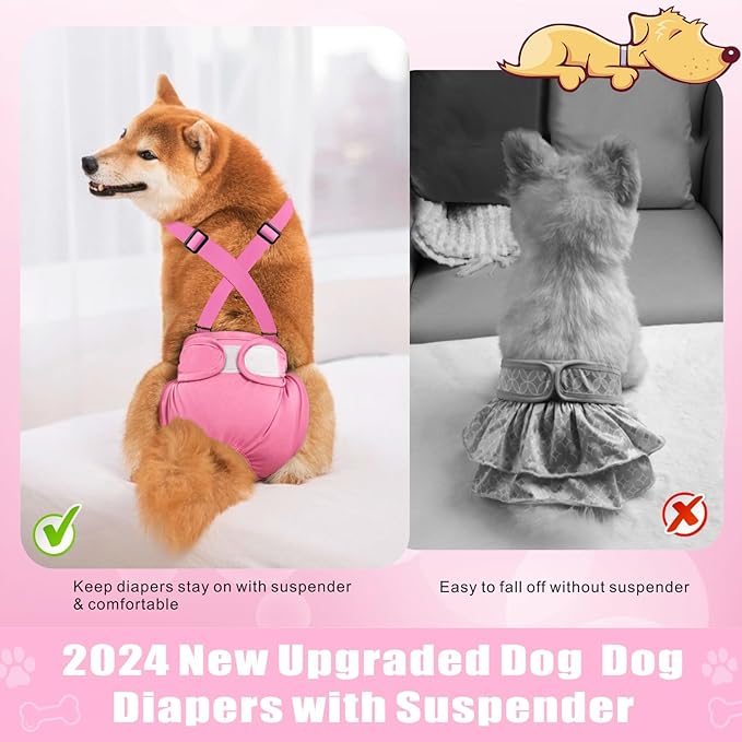 Idepet Female Dog Diapers with Suspender Detachable, 3 Pack Washable Reusable Girl Doggie Diapers for Small Medium Female Dog in Heat Period Cycle Urinary Incontinence Training M