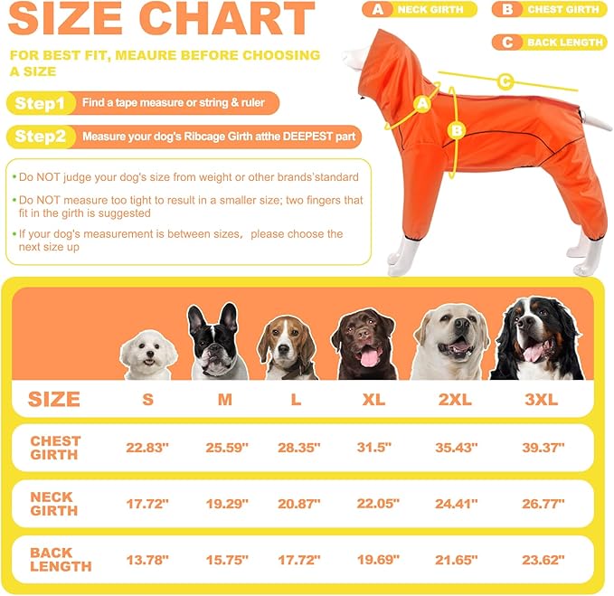Dog Raincoat, Waterproof Dog Rain Jacket with Removable Hood，Adjustable 4 Legs Pet Poncho with Leash Hole，Reflective Stripe Hooded Snowproof Windproof Clothes for Small to 3X-Large Dogs, 3XL