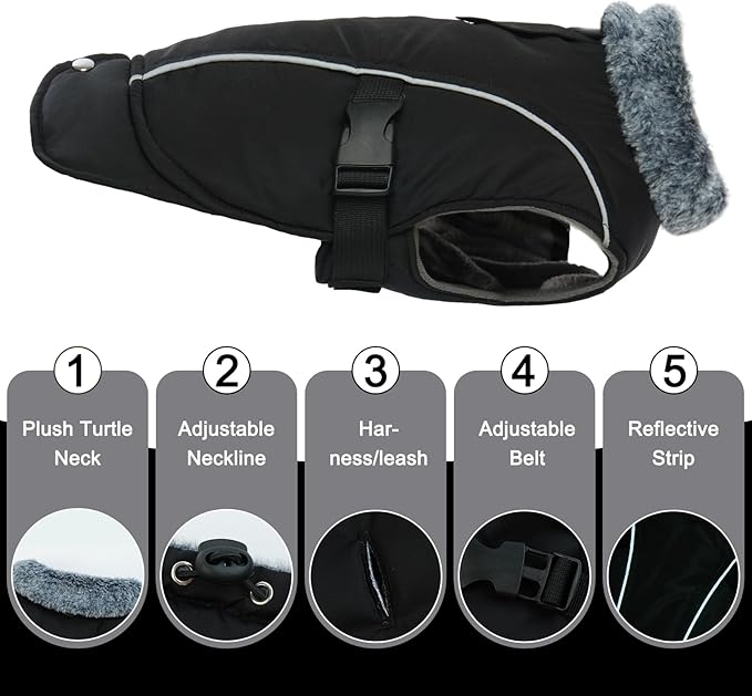 DENTRUN Winter Warm Dog Coat Reflective Jacket with Turtleneck for Cold Weather, Adjustable Buckle Windproof Water Repellent, Thick Snowsuit Fleece Vest for Small, Medium, Large Dogs, Black, XXL
