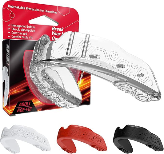 GOHEX Sports Mouthguard for Adults – Shock-Absorbing Mouth Guard with Chin Guard for All Contact Sports, Boxing, Lacrosse, Football, Hockey, MMA, and Martial Arts (Clear)