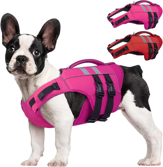 Kuoser Medium Dog Life Jacket, High Flotation Dog Life Vest for Swimming Boating, Reflective Dog Swimming Vest for Medium Dogs Pet Life Preserver with Rescue Handle, Rose M