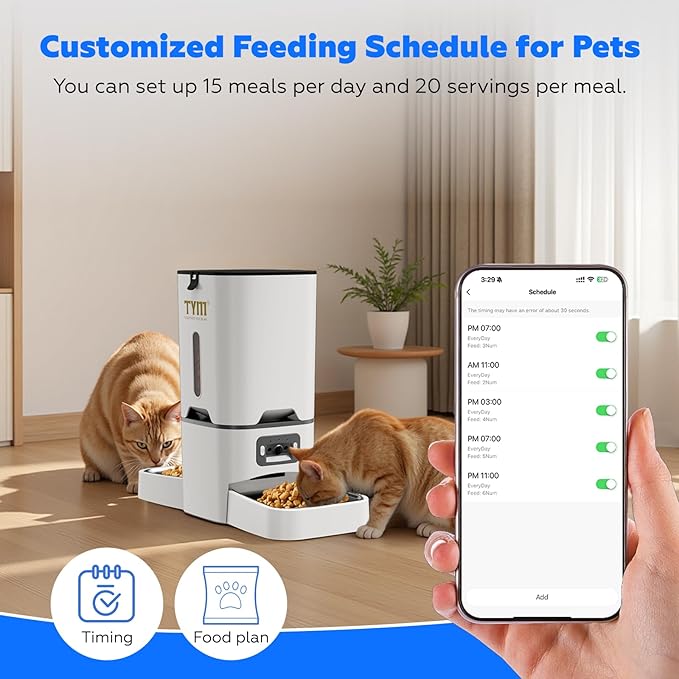 TYM Automatic Cat Feeder with 2 Camera for 2 Cats,7L Dog Automatic Feeder with Night Vision 2K 4MP 5G WiFi Dual Cat Feeder with Smart App Two Way Audio Privacy Masking Stainless Steel