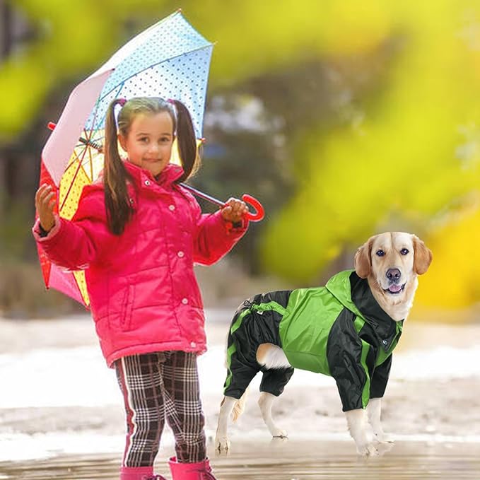 Dog Raincoat - Waterproof, Lightweight Jacket for Large Dogs - Adjustable 4 Legs Pet Poncho With Hood - Snow-Proof Vest With Leash Hole