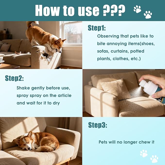 QHZ No Chew Spray for Dogs Bitter Apple Spray to Stop Chewing, Training Deterrent for Puppies & Adult Dogs, Protects Furniture, Shoes, Cords