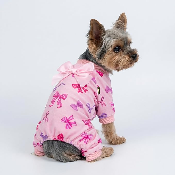 Fitwarm Bowknot Dog Flecce Pajamas, Cozy Valentines Day Outfit for Small Dogs Girl, Cute Pet Clothes, Pink, Red, Purple, XXL
