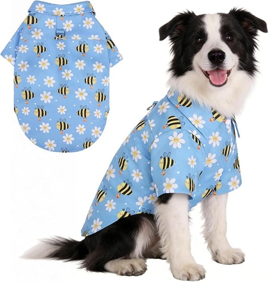 KOOLTAIL Spring Dog Shirt with Leash D-Ring, Soft Pet Botton Up Summer Beach Clothes for Medium Large Dogs, Breathable Puppy Polo Outfit with Sun & Insect Protection, Indoor Outdoor, Boy&Girl, Blue L