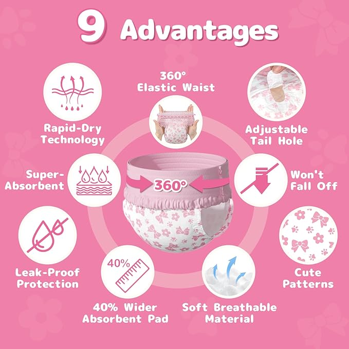 Dono Disposable Pull It Up Female Dog Diapers, 360° Stretchy Waist Puppy Diapers, Super-Absorbent Doggie Diapers with Rapid-Dry Technology Leak-Proof Design for Doggy in Heat Period, L 40 Pcs