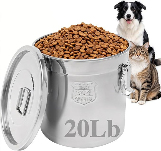 20 Lbs Stainless Steel Dog Food Storage Containers with Airtight Lid and Locking Clamp, Large Metal Dog Food Bin, Pet Food Storage Container for Dogs, Cats & Birds, Keep Fresh